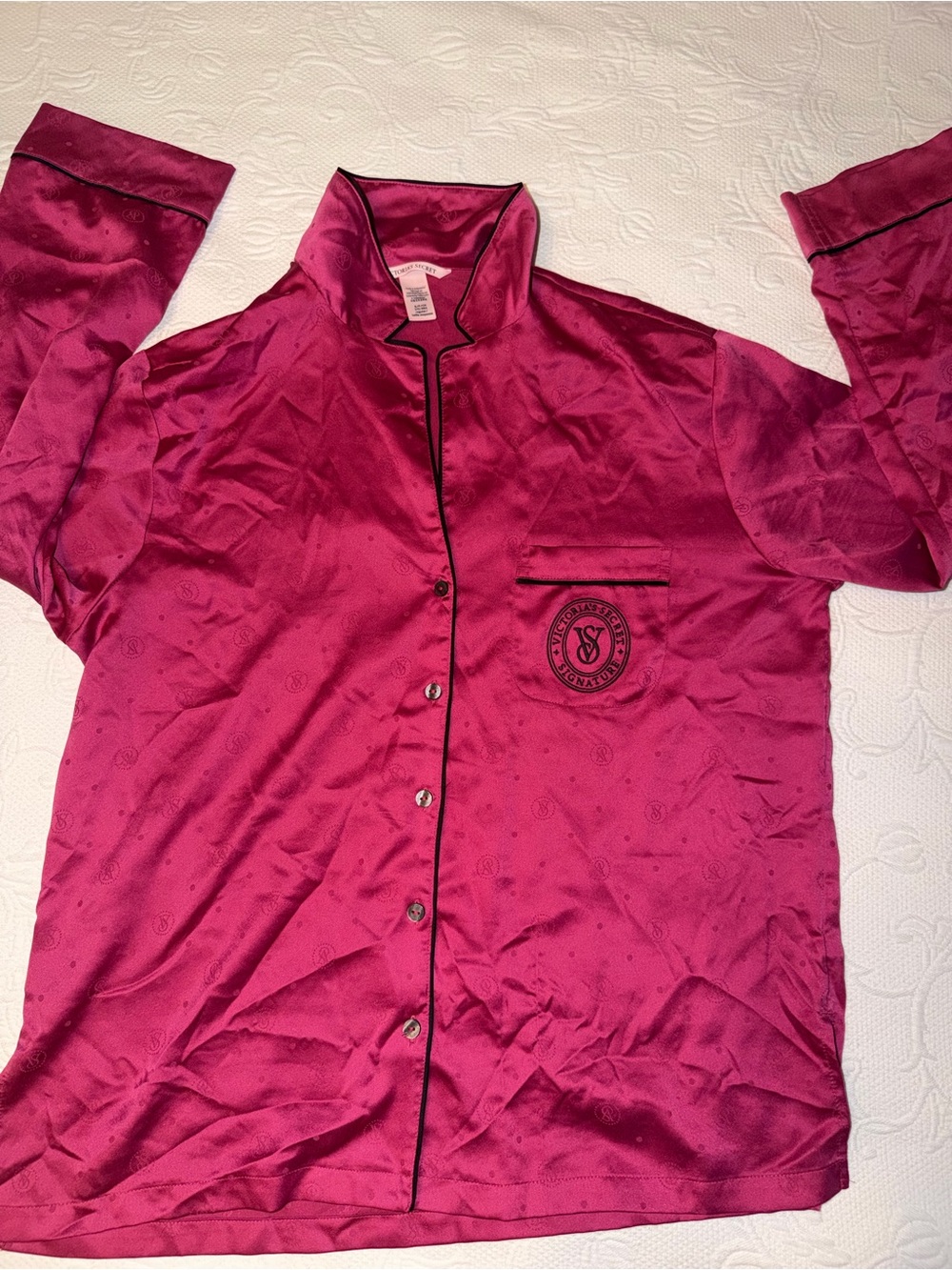 Victoria's Secret Magenta Satin Button-Up top & bottom with Black Piping NWOT